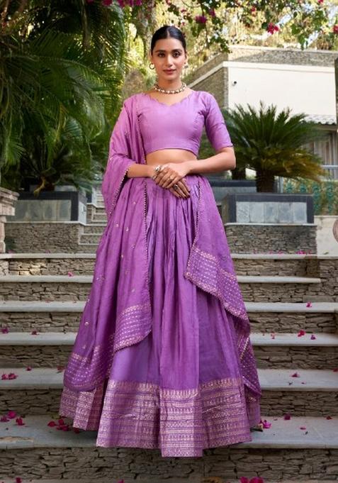 Purple Zari Work Chanderi Lehenga Set