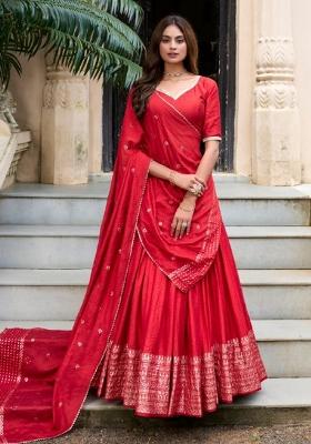 Red Zari Work Chanderi Lehenga Set