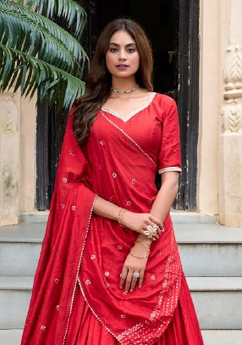 Red Zari Work Chanderi Lehenga Set - Indya