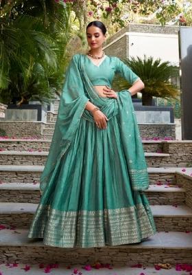 Green Zari Work Chanderi Lehenga Set