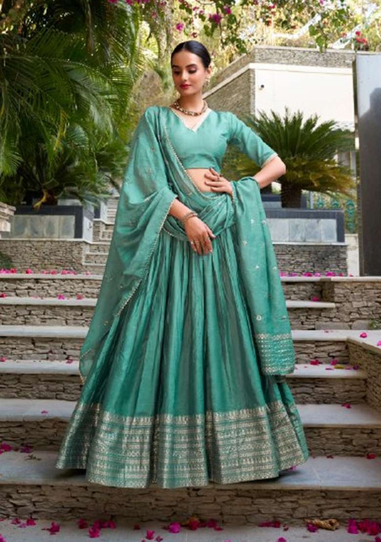 Green Zari Work Chanderi Lehenga Set for Diwali and Festive Wear - Indya