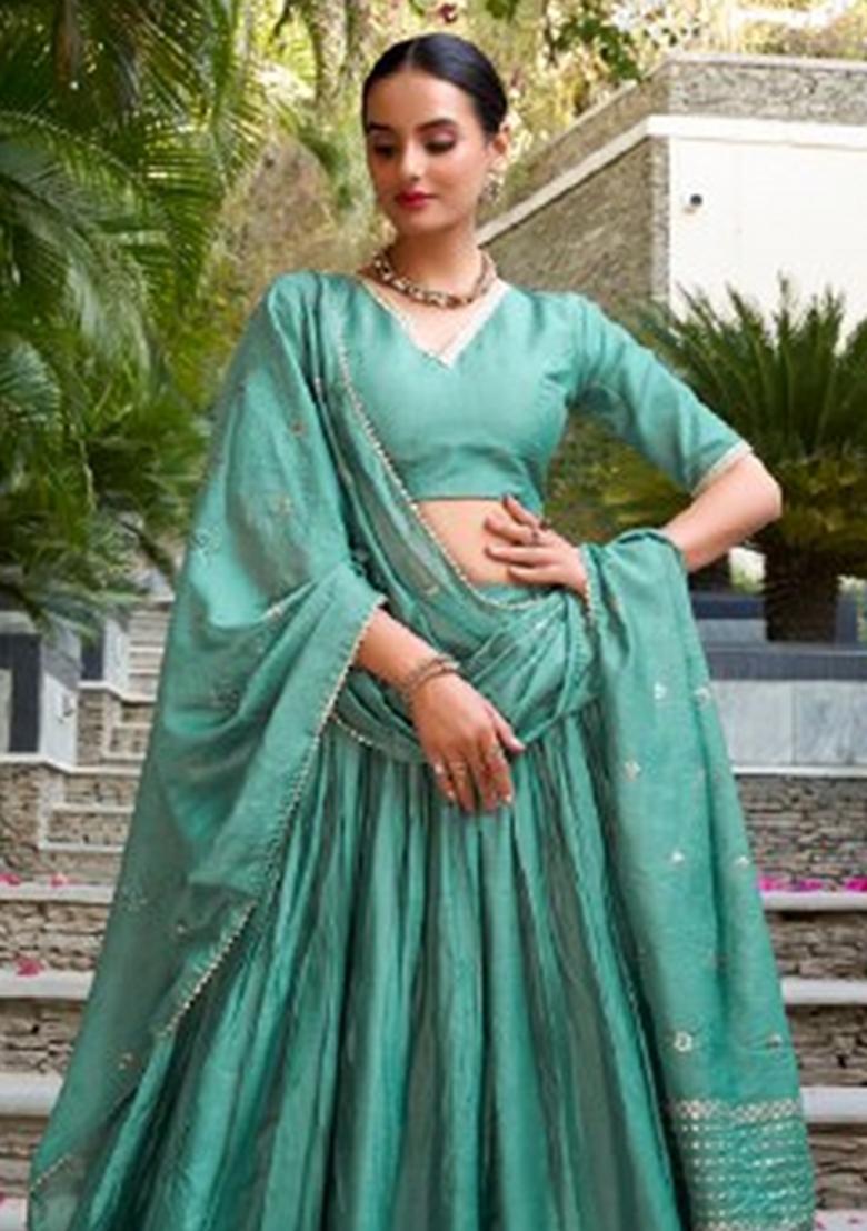 Green Zari Work Chanderi Lehenga Set - Indya
