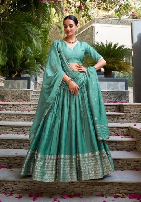 Green Zari Work Chanderi Lehenga Set