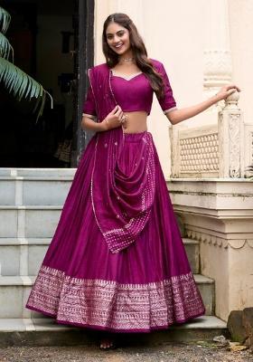 Wine Zari Work Chanderi Lehenga Set