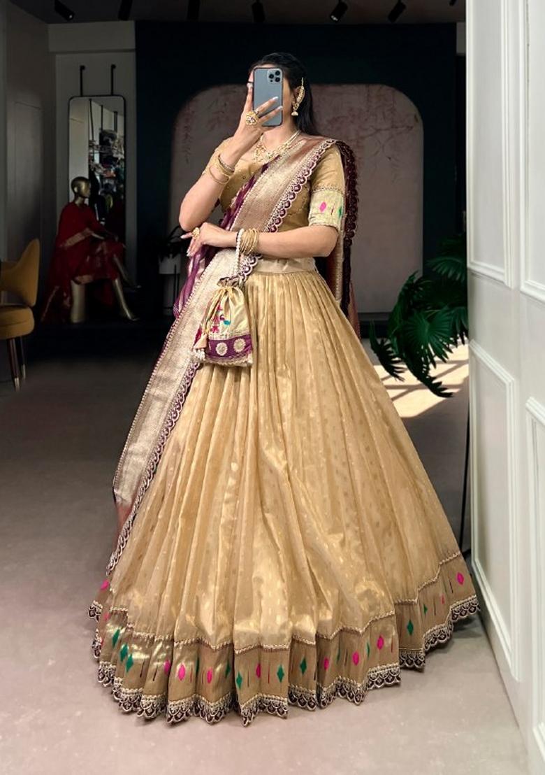 Cream Zari Work Organza Lehenga Set - Indya
