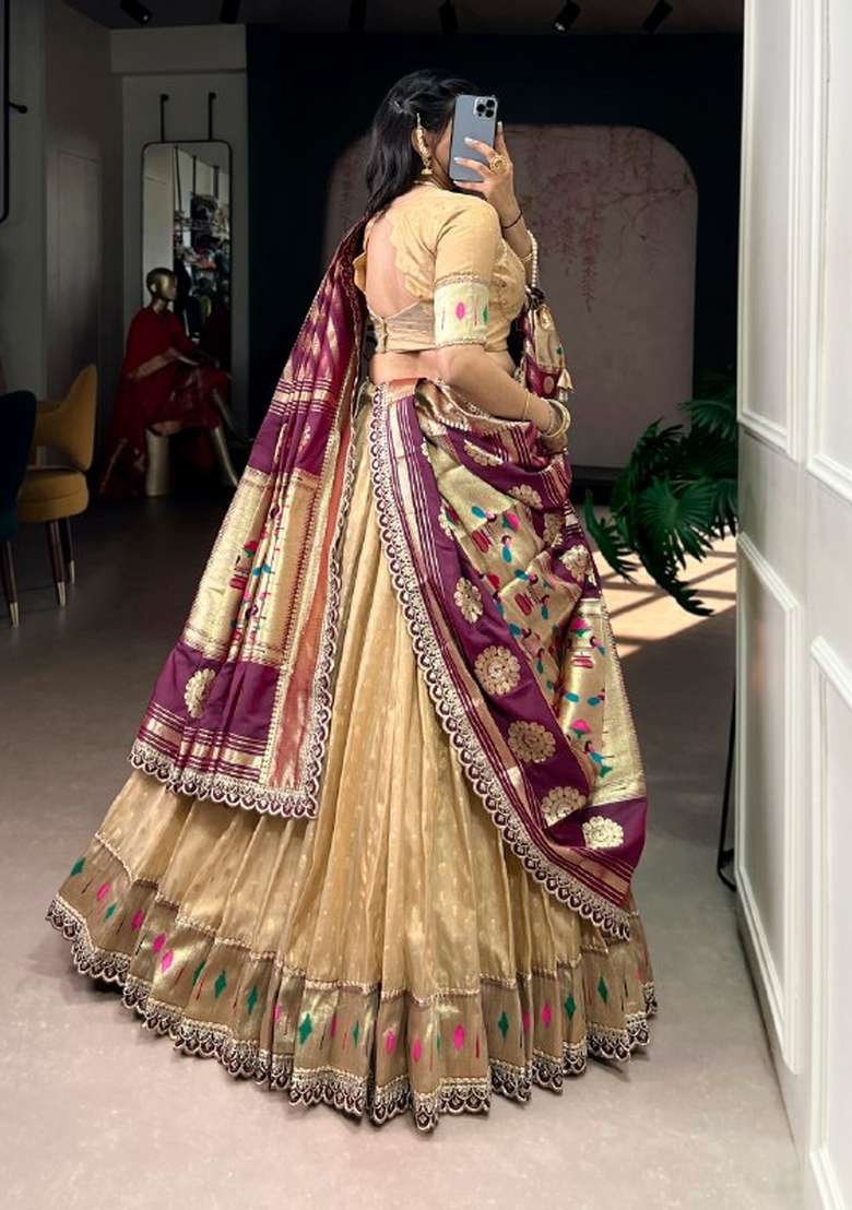 Cream Zari Work Organza Lehenga Set - Indya