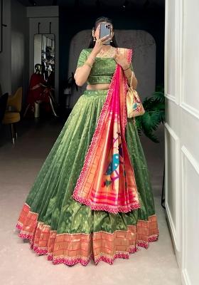 Green Zari Work Organza Lehenga Set