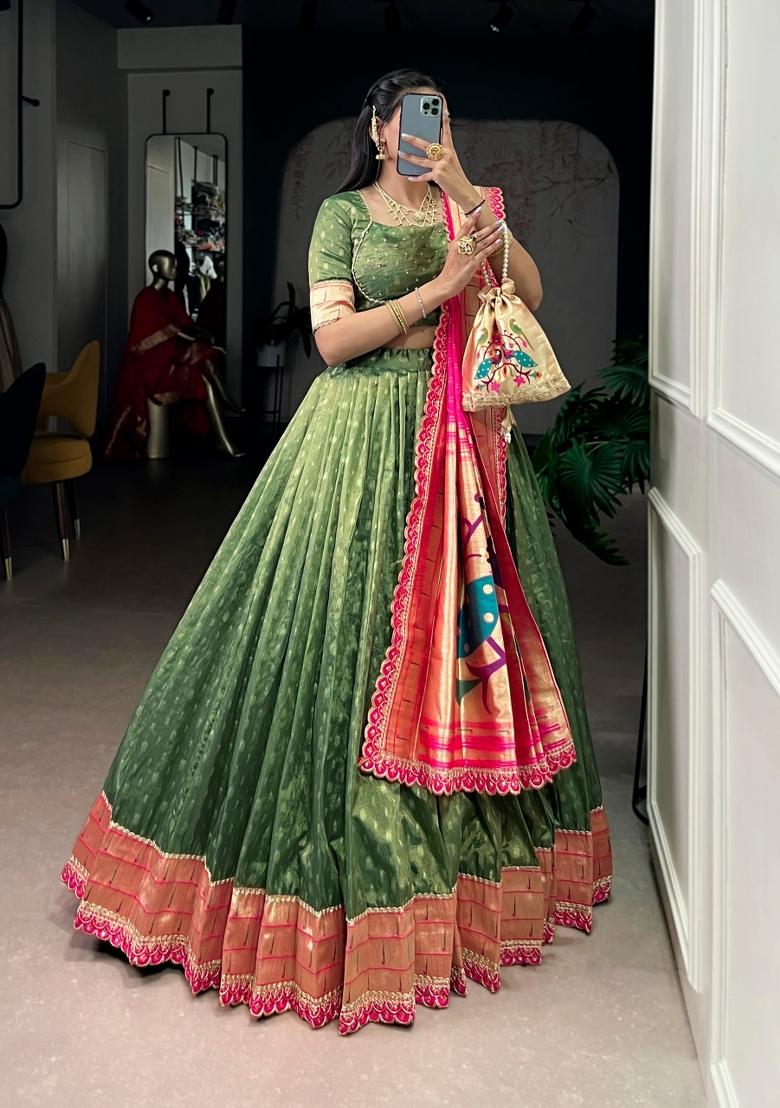 Green Zari Work Organza Lehenga Set - Indya