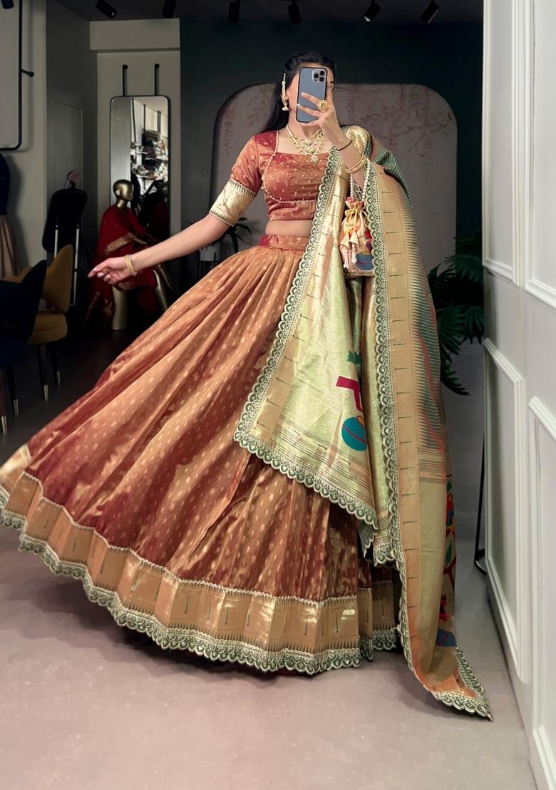 Brown Zari Work Organza Lehenga Set - Indya
