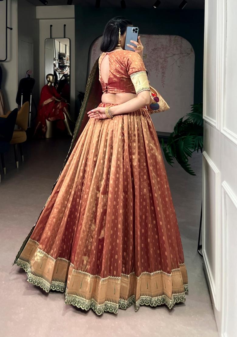Brown Zari Work Organza Lehenga Set - Indya