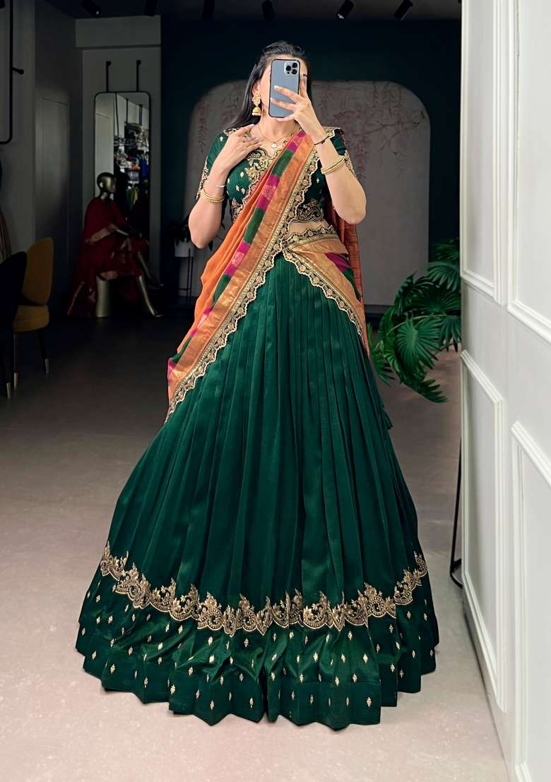 Green Embroidered Silk Lehenga Set for Diwali and Festive Wear - Indya