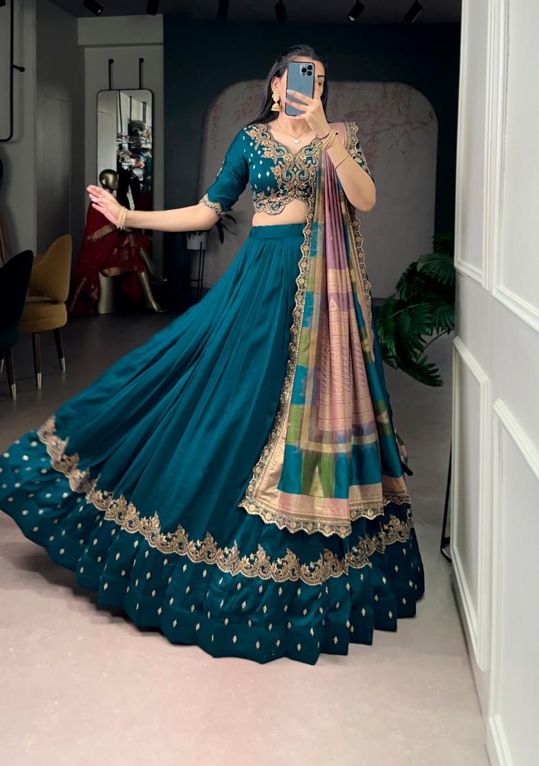 Firozi Embroidered Silk Lehenga Set - Indya