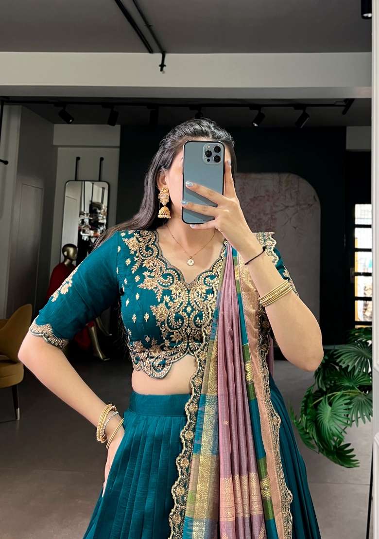 Firozi Embroidered Silk Lehenga Set for Diwali and Festive Wear - Indya