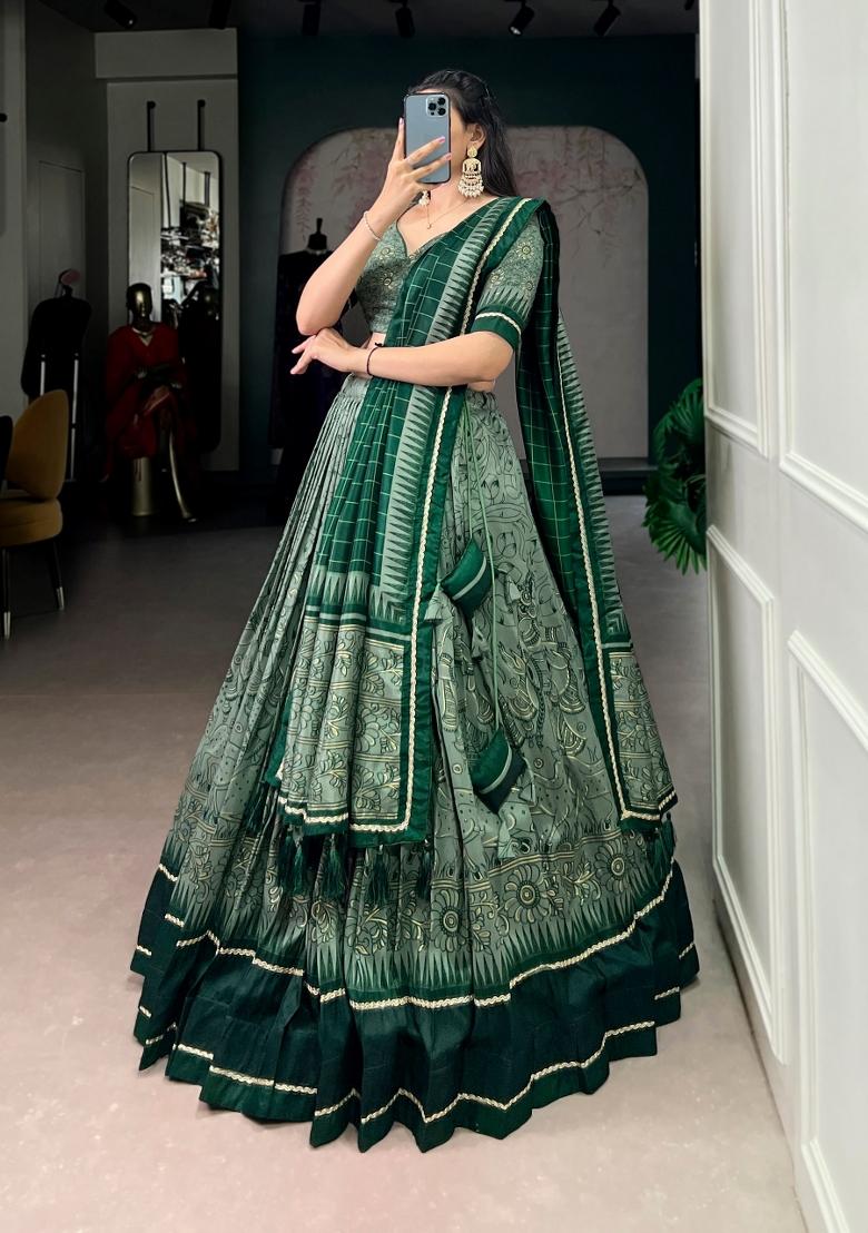 Green Printed Silk Lehenga Set - Indya