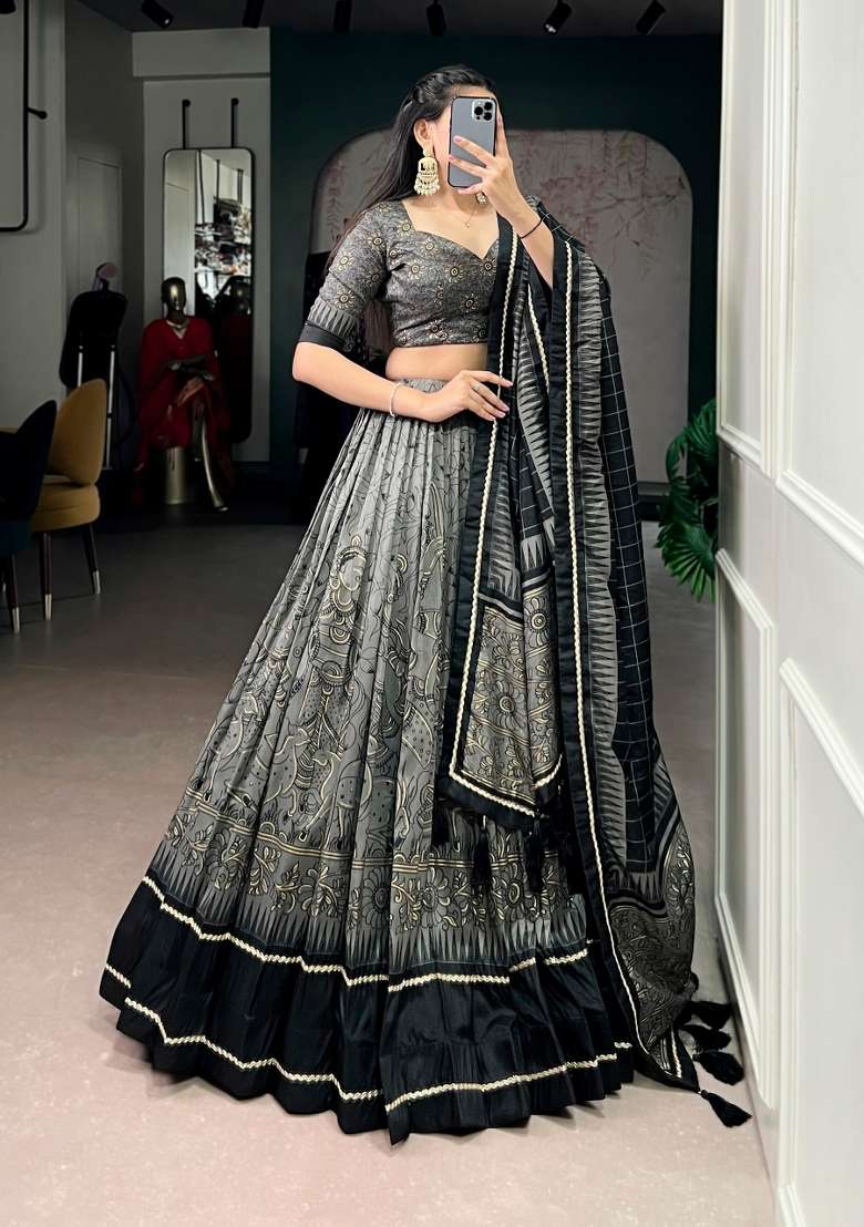 Grey Silk Lehenga Set with Printed for Diwali | Wedding & Festive Wear - Indya