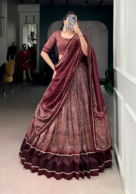 Maroon Printed Silk Lehenga Set