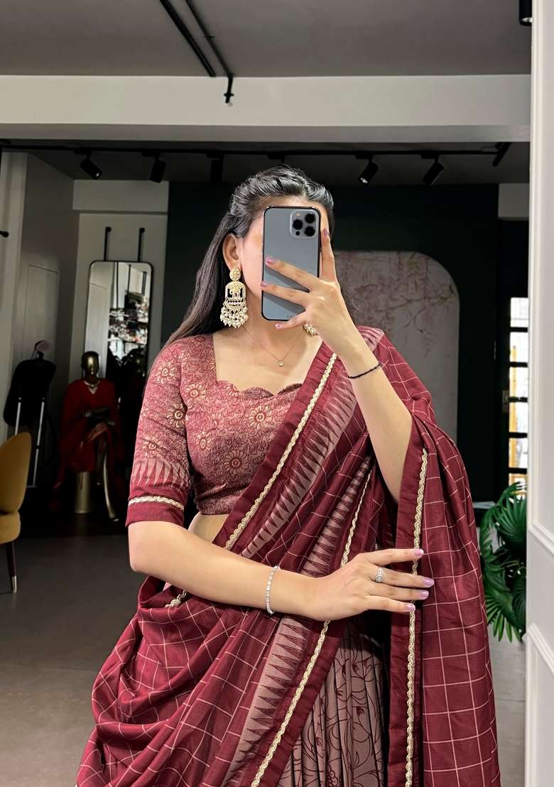 Maroon Printed Silk Lehenga Set for Diwali and Festive Wear - Indya