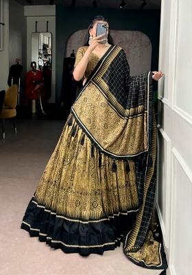 Golden Printed Silk Lehenga Set