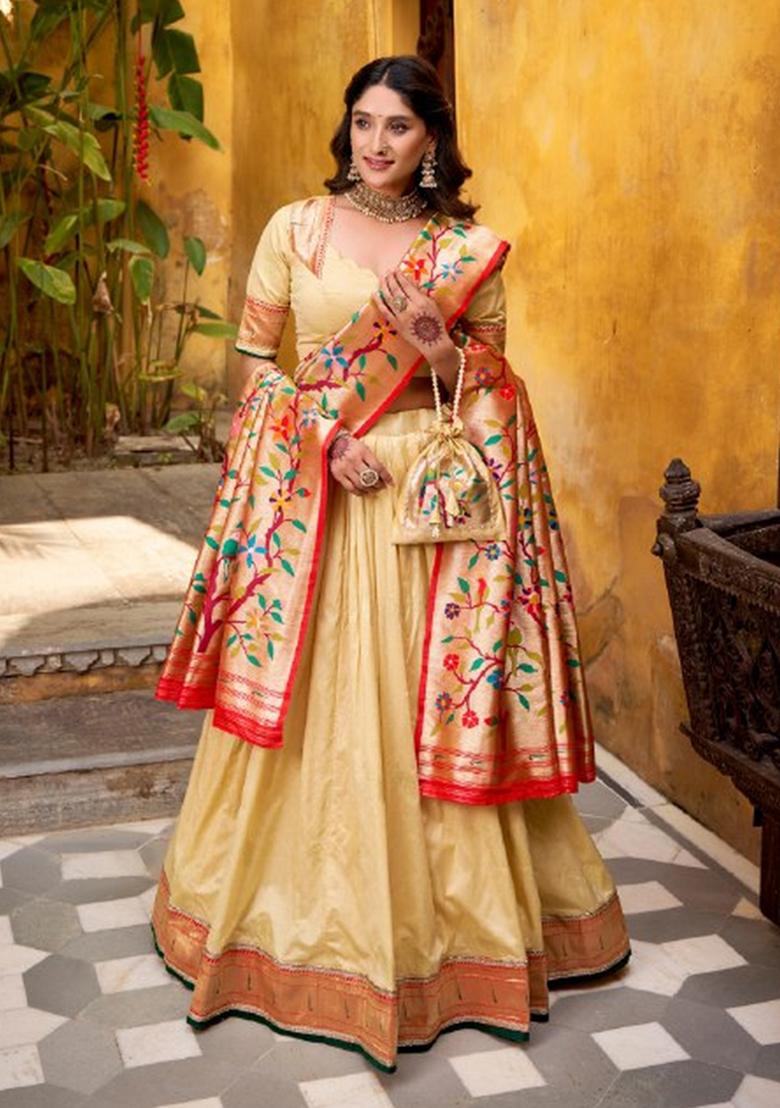 Cream Zari Work Silk Lehenga Set - Indya