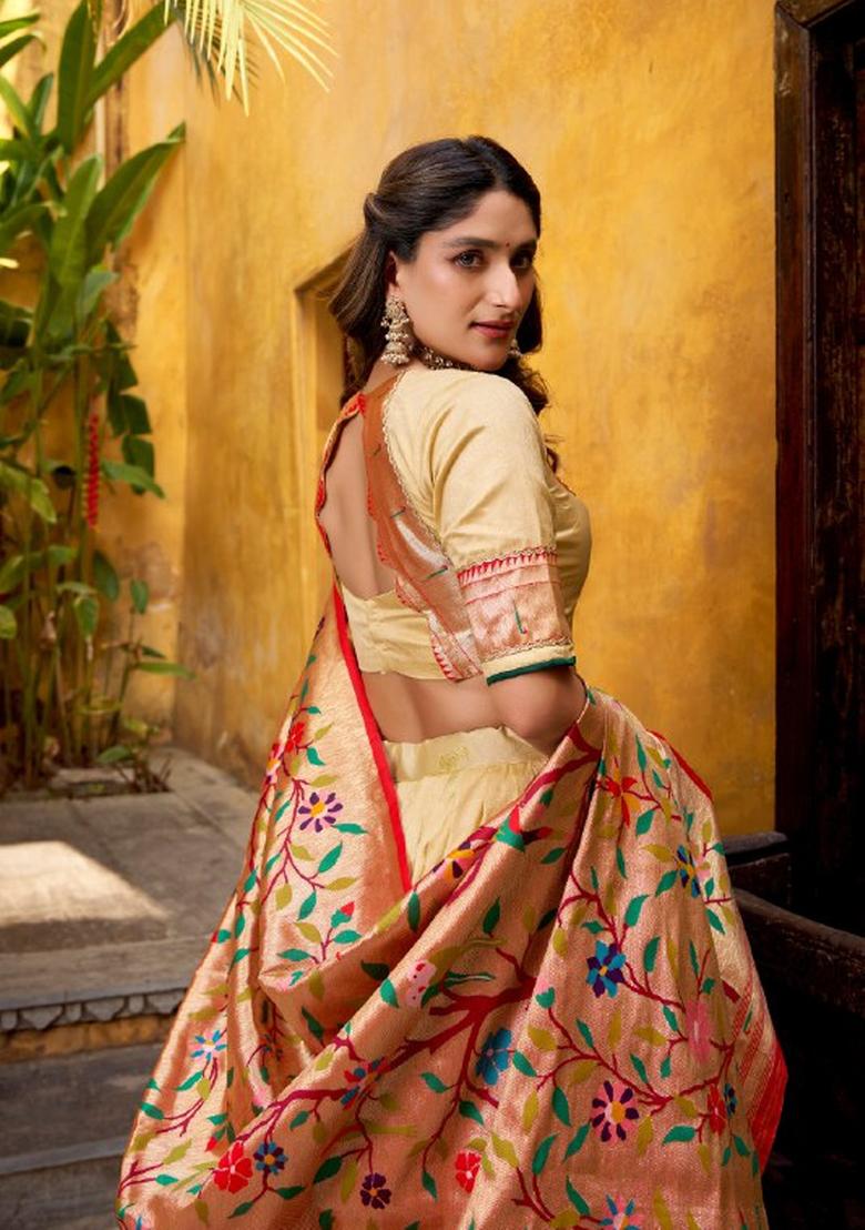 Cream Zari Work Silk Lehenga Set - Indya
