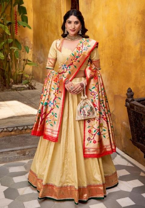 Cream Zari Work Silk Lehenga Set