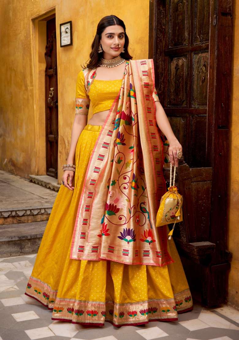 Green Zari Work Silk Lehenga Set - Indya