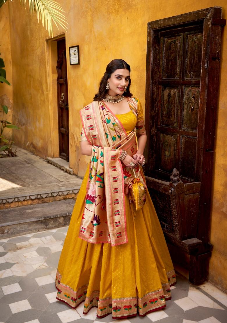 Green Zari Work Silk Lehenga Set - Indya