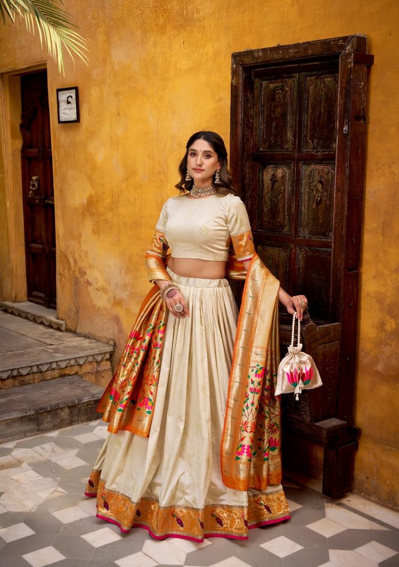 Off White Zari Work Silk Lehenga Set - Indya
