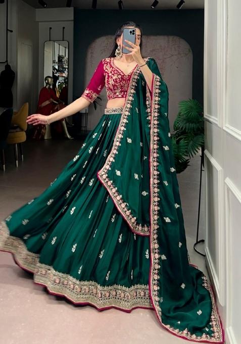 Green Embroidered Silk Lehenga Set
