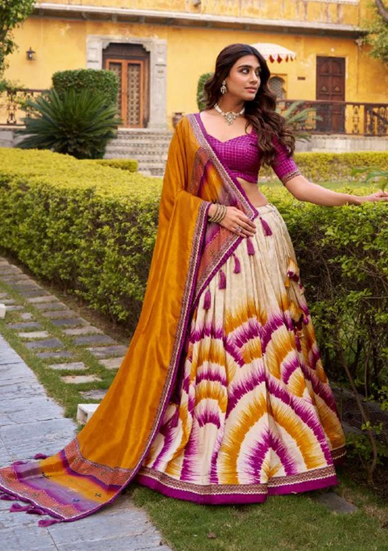 Wine Silk Lehenga Set with Printed for Diwali | Wedding & Festive Wear - Indya