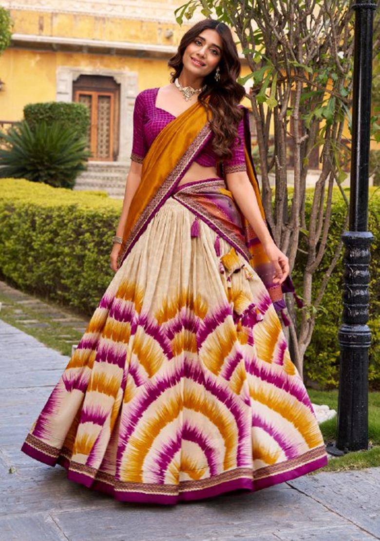 Wine Printed Silk Lehenga Set - Indya