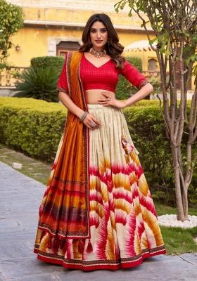 Red Printed Silk Lehenga Set
