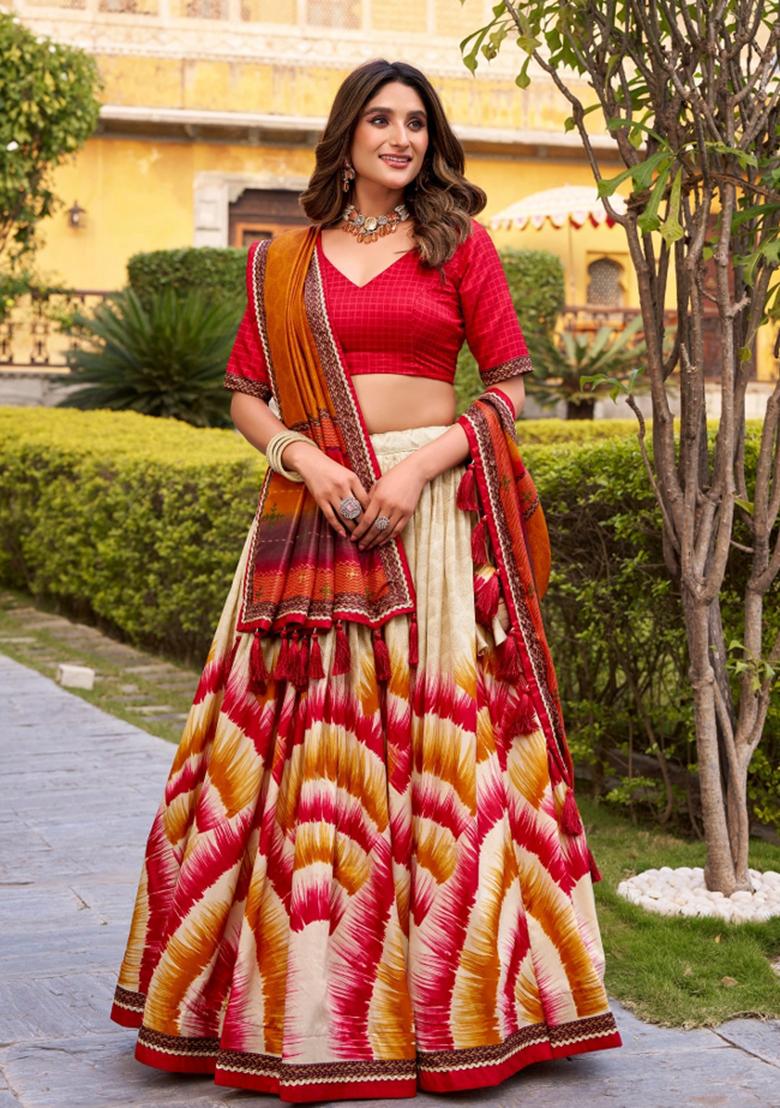 Red Printed Silk Lehenga Set - Indya