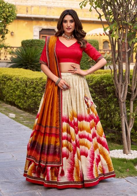 Red Printed Silk Lehenga Set