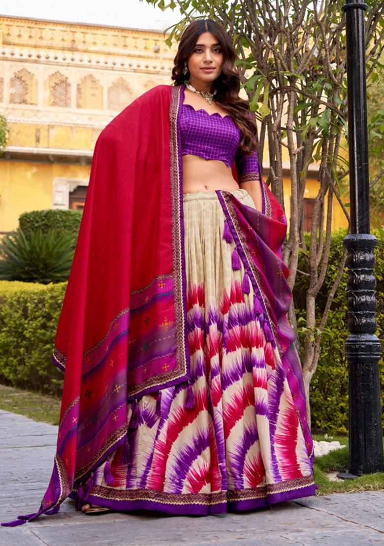 Purple Printed Silk Lehenga Set - Indya