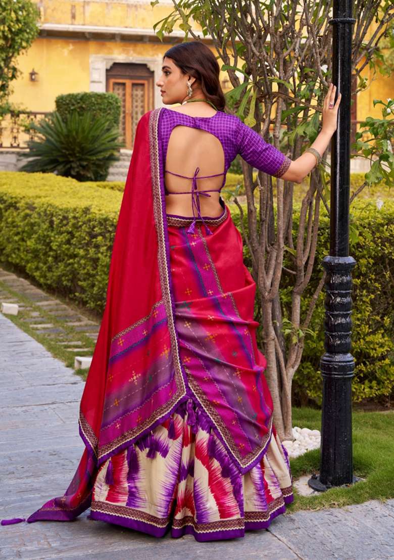 Purple Printed Silk Lehenga Set for Diwali and Festive Wear - Indya