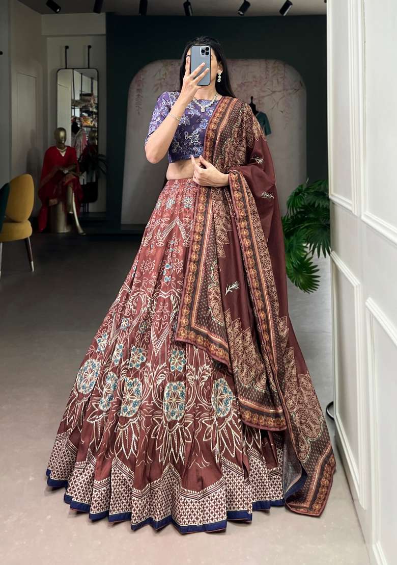 Maroon Printed Silk Lehenga Set - Indya