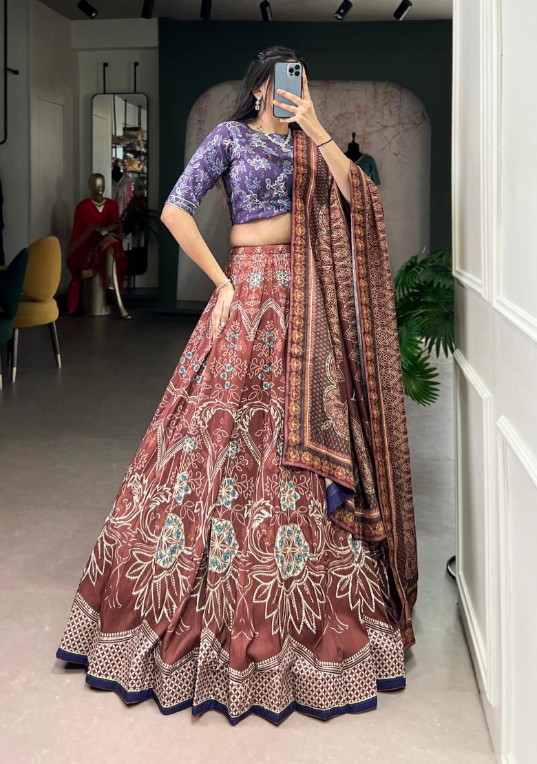 Maroon Printed Silk Lehenga Set - Indya