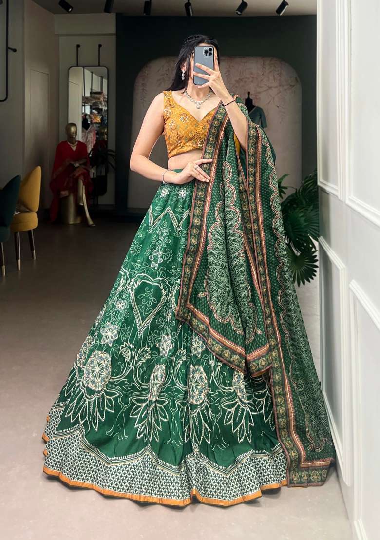Green Printed Silk Lehenga Set - Indya