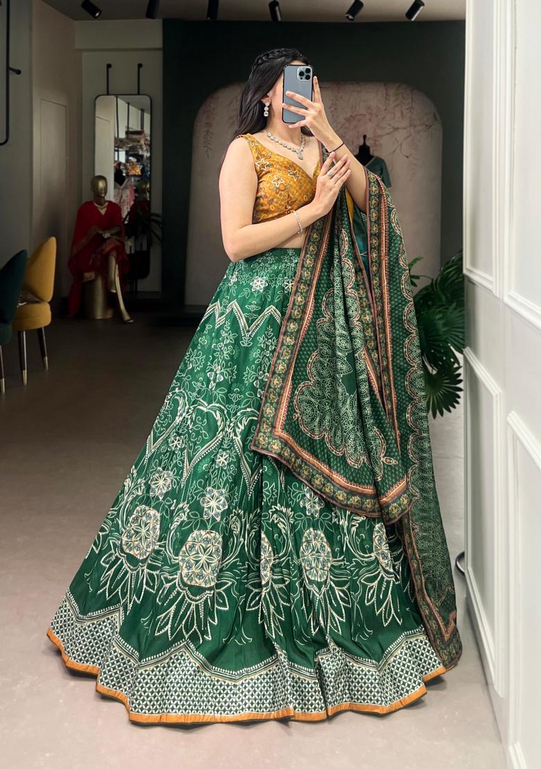Green Printed Silk Lehenga Set - Indya