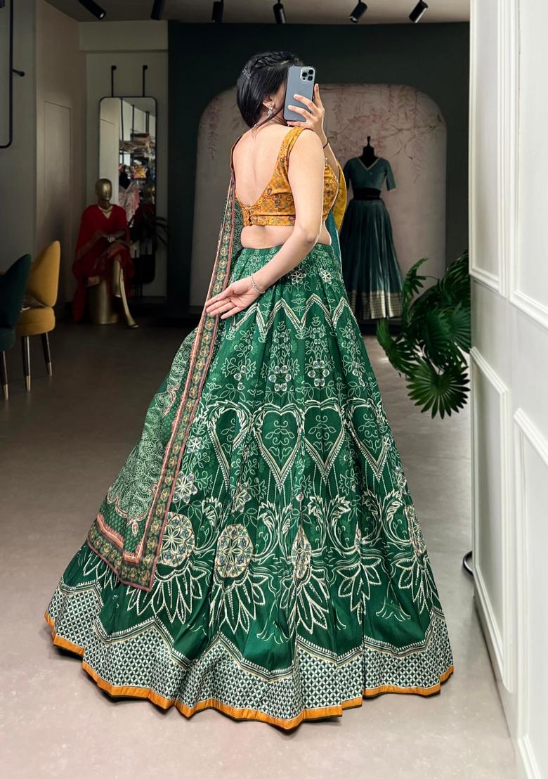 Green Printed Silk Lehenga Set - Indya