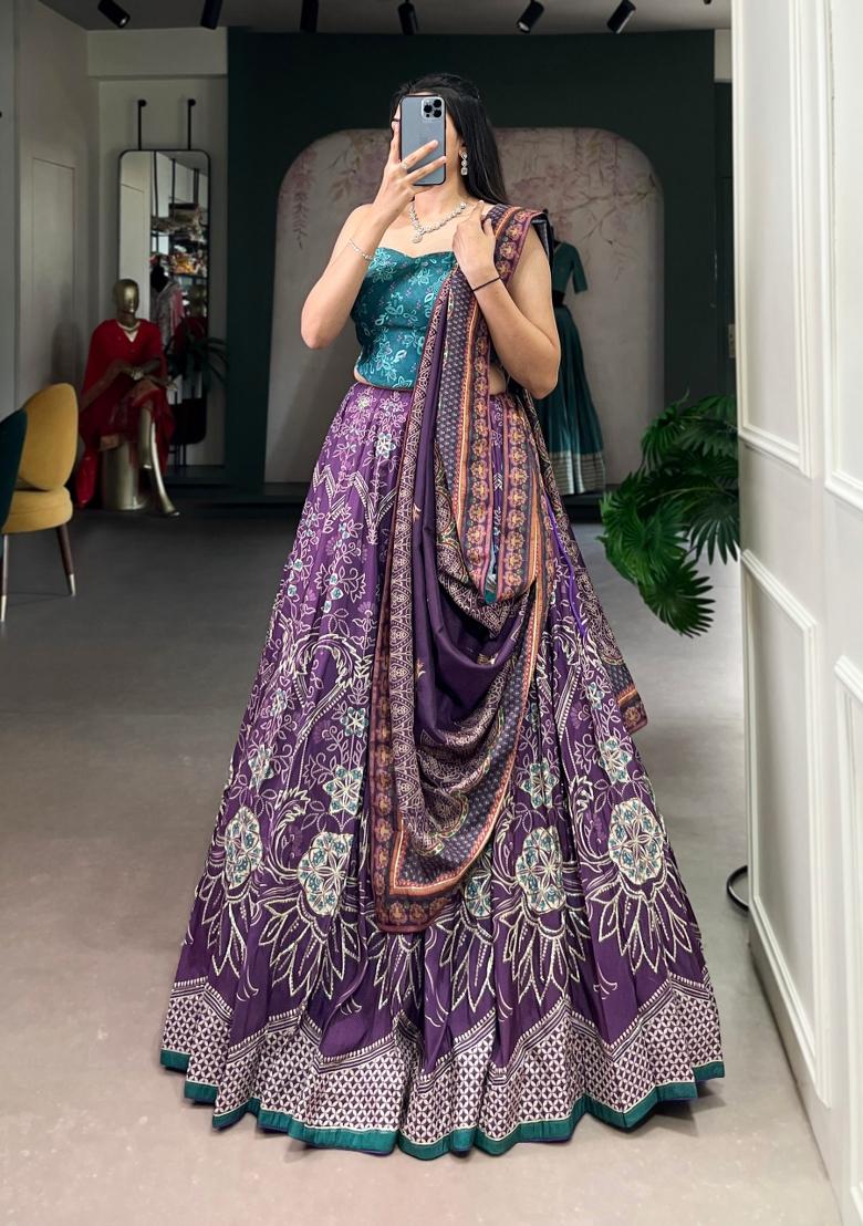 Purple Printed Silk Lehenga Set - Indya