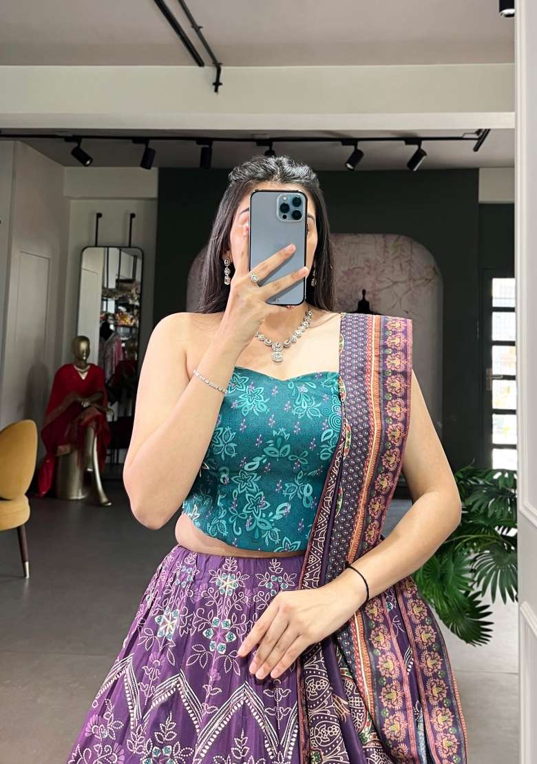 Purple Printed Silk Lehenga Set - Indya