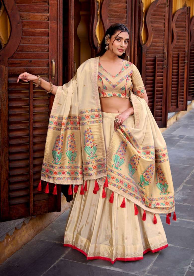 Red Zari Work Shimmer Lehenga Set for Diwali and Festive Wear - Indya