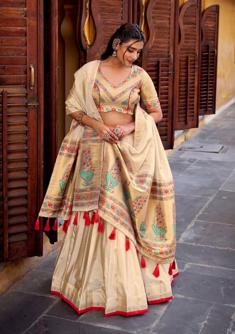 Red Zari Work Shimmer Lehenga Set - Indya