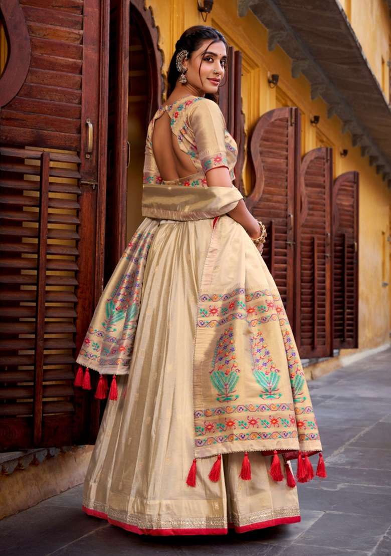 Red Zari Work Shimmer Lehenga Set for Diwali and Festive Wear - Indya