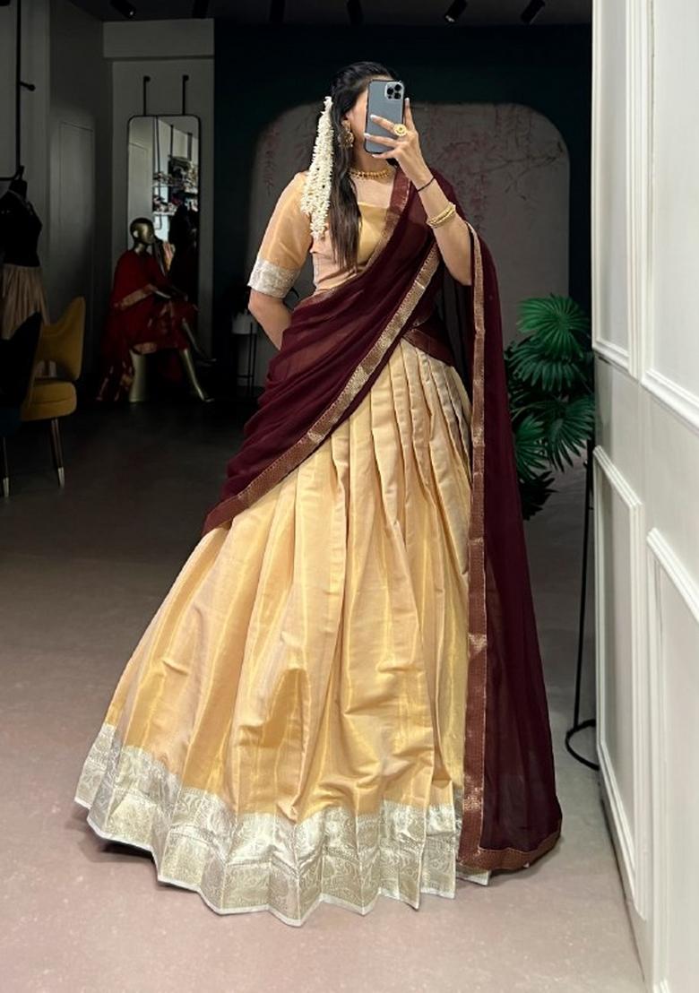 Cream Zari Work Kanchipuram Lehenga Set - Indya