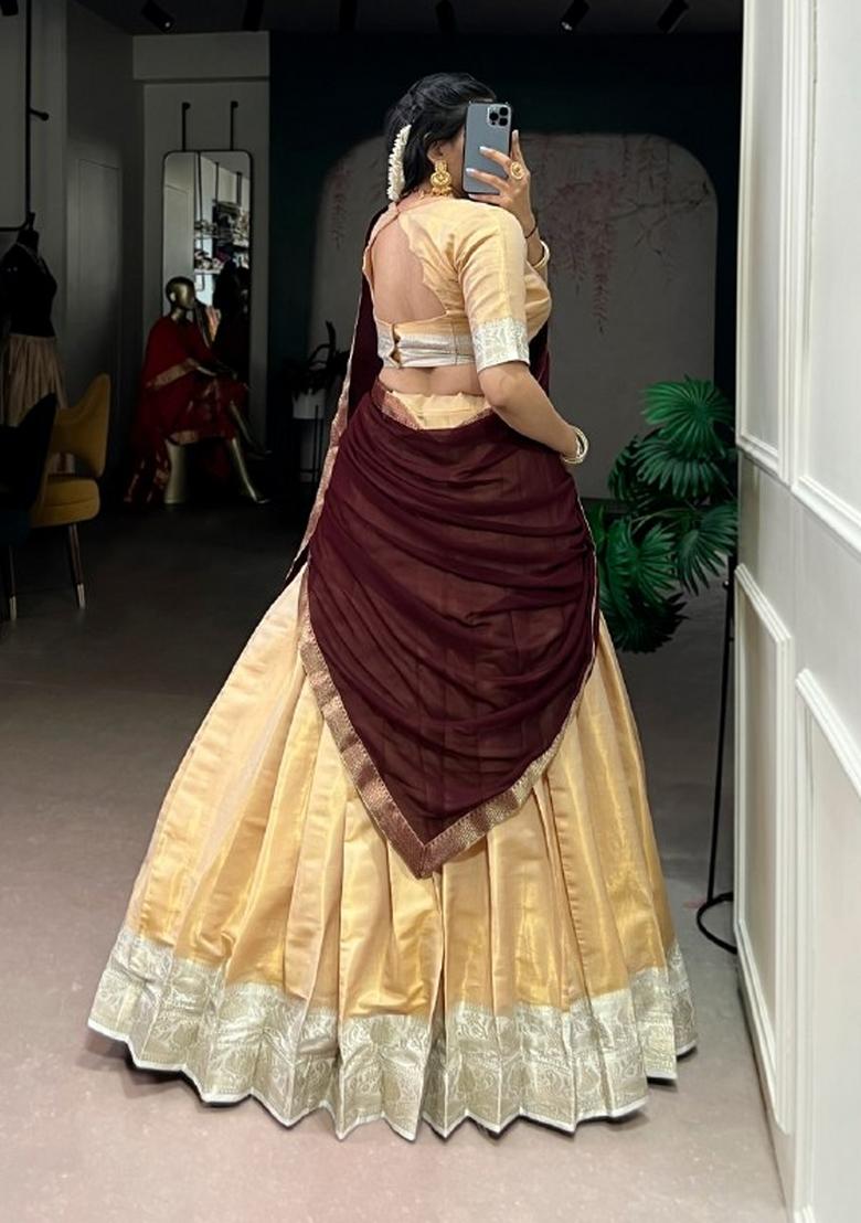 Cream Zari Work Kanchipuram Lehenga Set - Indya
