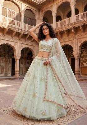 Aqua Green Embroidered Net Lehenga Set