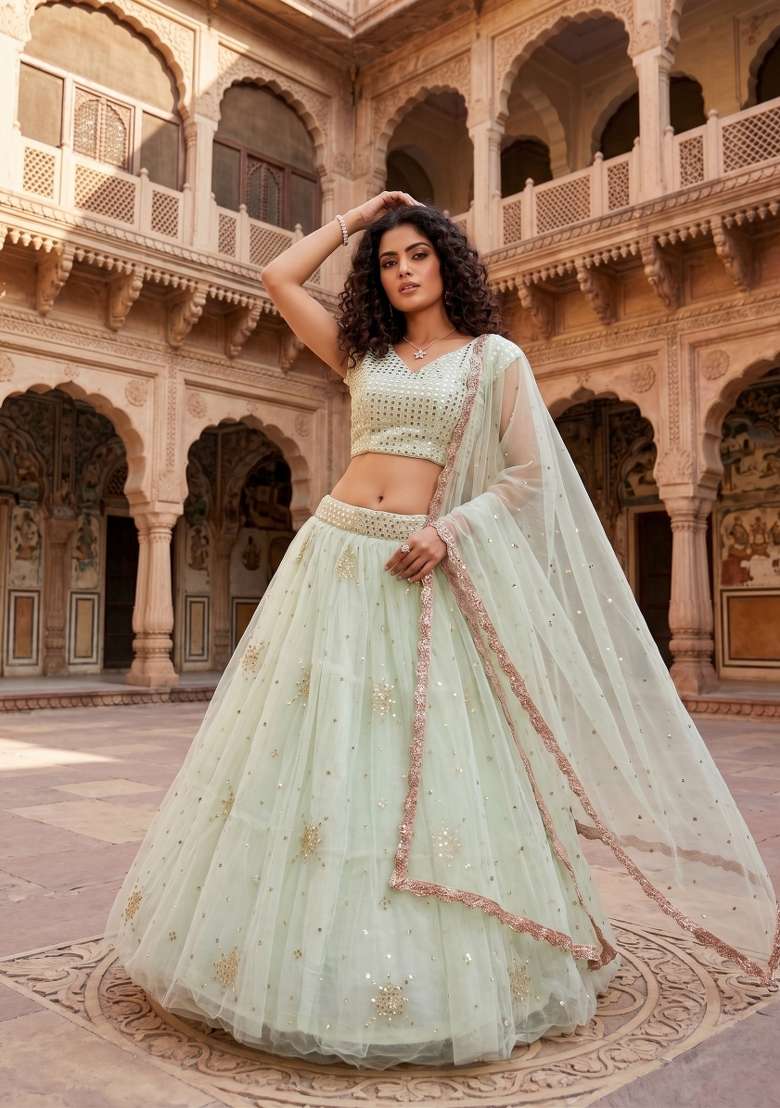 Aqua Green Net Lehenga Set with Embroidered for Diwali | Wedding & Festive Wear - Indya